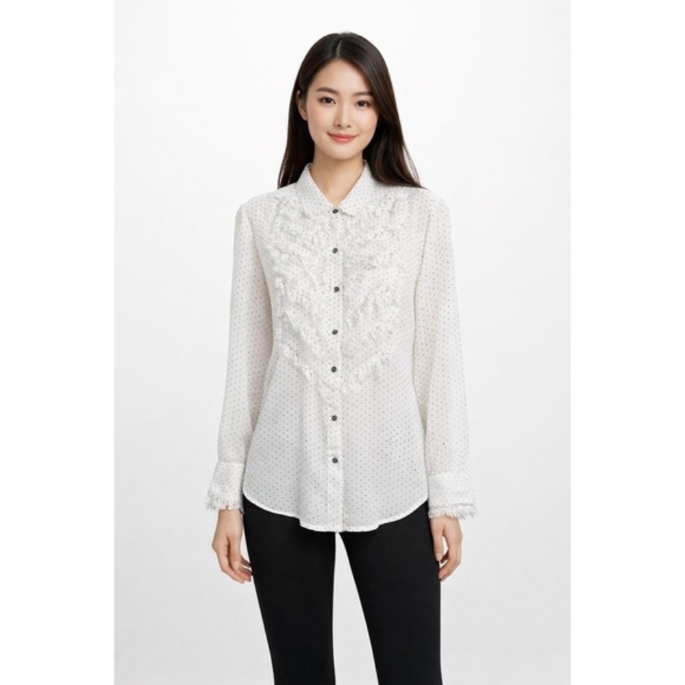 Free People Polka Dot Fringe Chevron Button Down Sheer Blouse Ivory Gray M 80-29